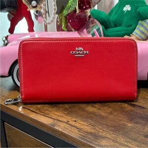Coach Vibrant Red Zip Around Leather Wallet with Silver Tone Logo